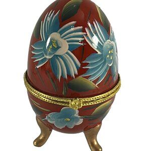 Porcelain Egg Shaped Trinket Box Footed Red Blue Painted Gold Tone Easter